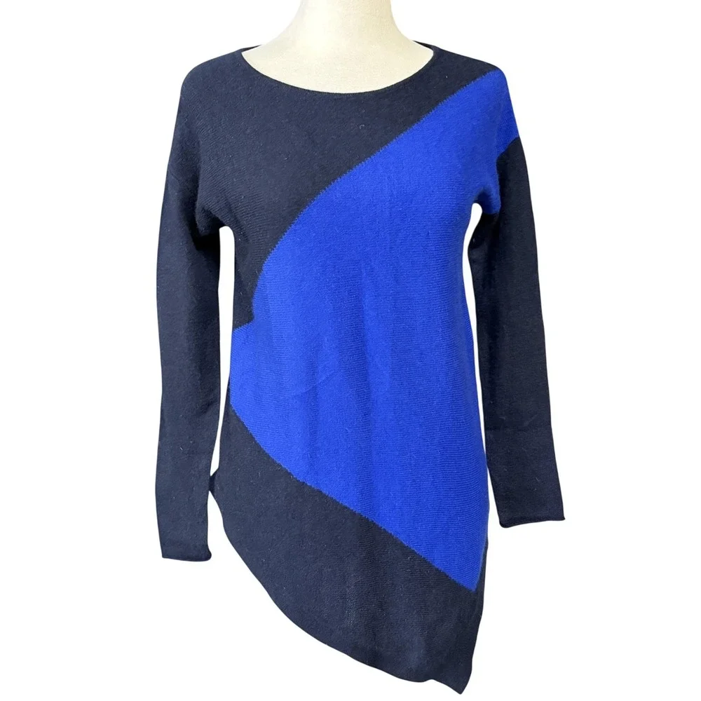 Sweater Tunic Petite Womens XS Blue Colorblock Cashmere Scoop Neck Asym Hem
